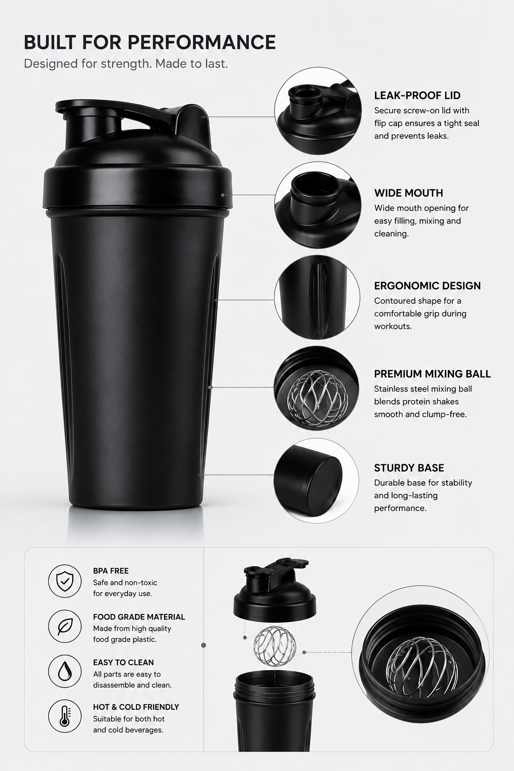 750ML Protein Shaker Bottle Leak Proof BPA Free Gym Shaker with Mixing Filter for Whey Protein, Workout & Fitness