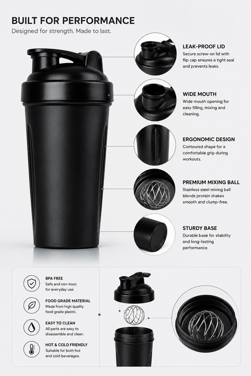750ML Protein Shaker Bottle Leak Proof BPA Free Gym Shaker with Mixing Filter for Whey Protein, Workout & Fitness