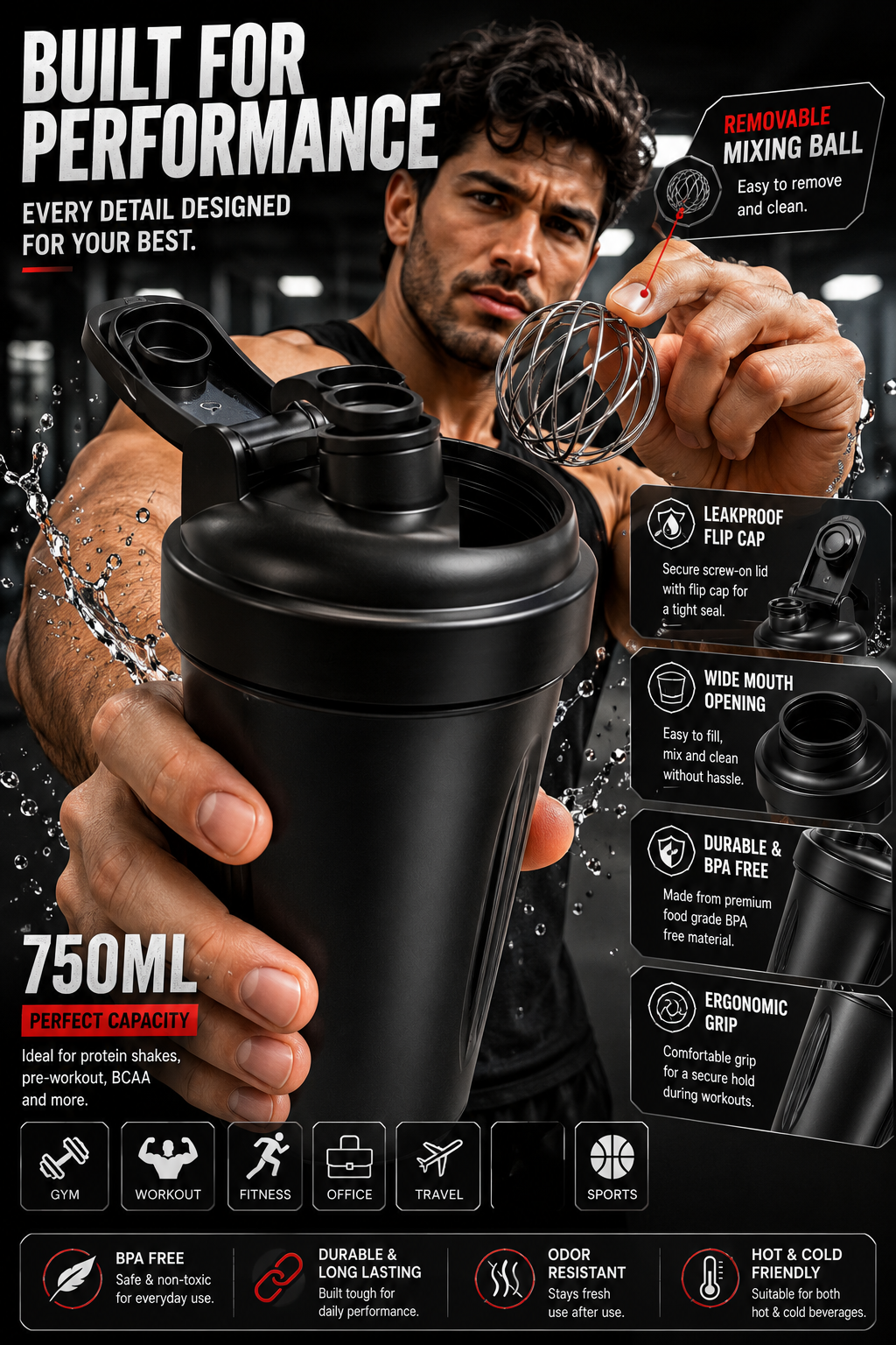 750ML Protein Shaker Bottle Leak Proof BPA Free Gym Shaker with Mixing Filter for Whey Protein, Workout & Fitness