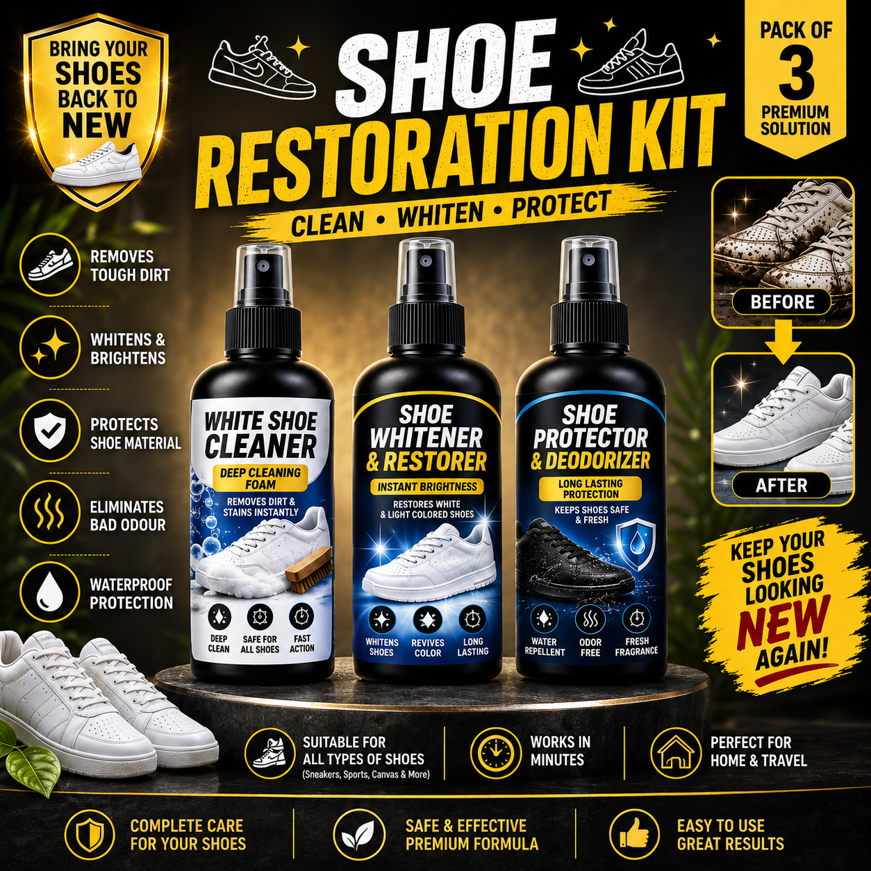 3-in-1 Premium Shoe Care Kit – Cleaner, Whitener & Protector