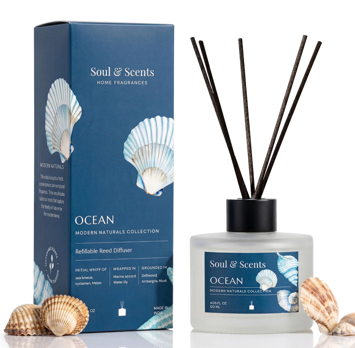 Soul & Scents Glass 120ml Ocean Reed Diffuser Set | Free 6 Fiber Reed Sticks | Stress Relief & Aromatherapy | Long-Lasting, Smoke-Free Air Freshener for Home, Bedroom & Office | Ideal for Gifting