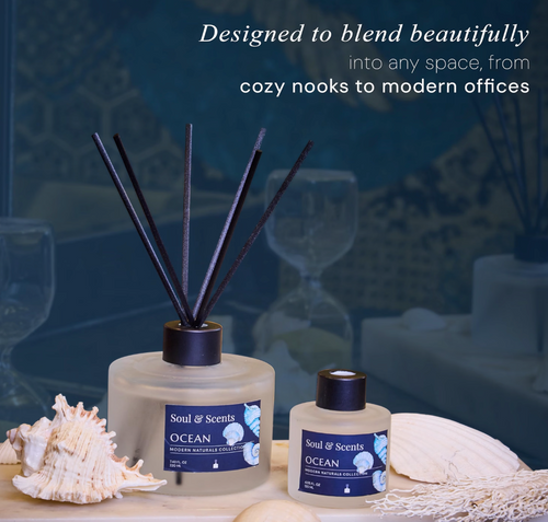 Soul & Scents Glass 120ml Ocean Reed Diffuser Set | Free 6 Fiber Reed Sticks | Stress Relief & Aromatherapy | Long-Lasting, Smoke-Free Air Freshener for Home, Bedroom & Office | Ideal for Gifting