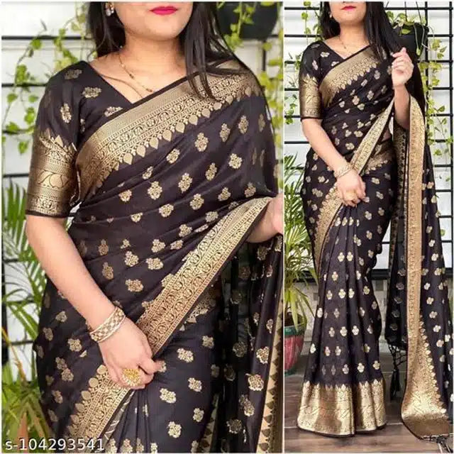 Banarasi Silk Saree With Blouse For Women (Dark Purple, 6.3M)