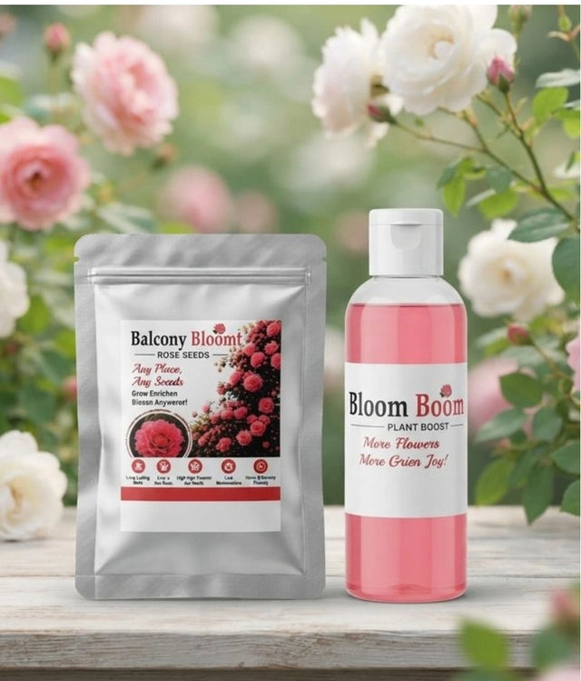 Balcony Bloomt Rose Seeds: Packaged in a silver resealable pouch, marketed for growing flowering rose plants in small or balcony